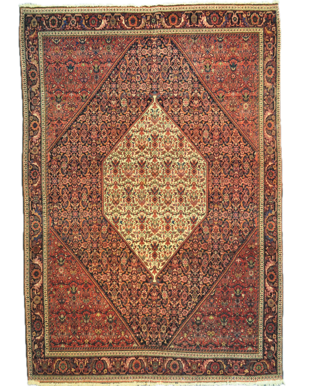 Tappeto Farahan antico persiano annodato a mano con grande medaglione geometrico centrale e raffinati motivi tradizionali, misura 192x134 cm