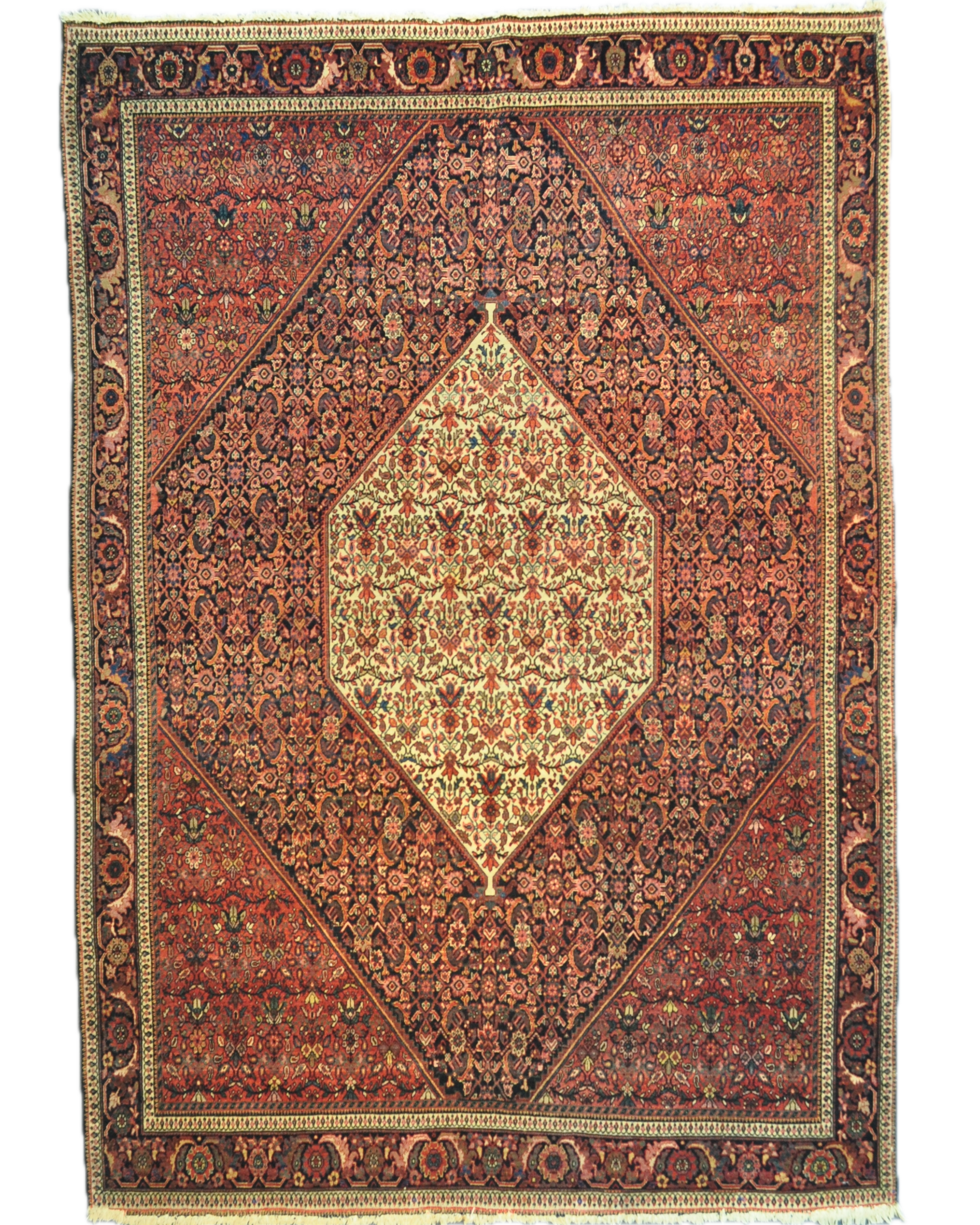 Tappeto Farahan antico persiano annodato a mano con grande medaglione geometrico centrale e raffinati motivi tradizionali, misura 192x134 cm