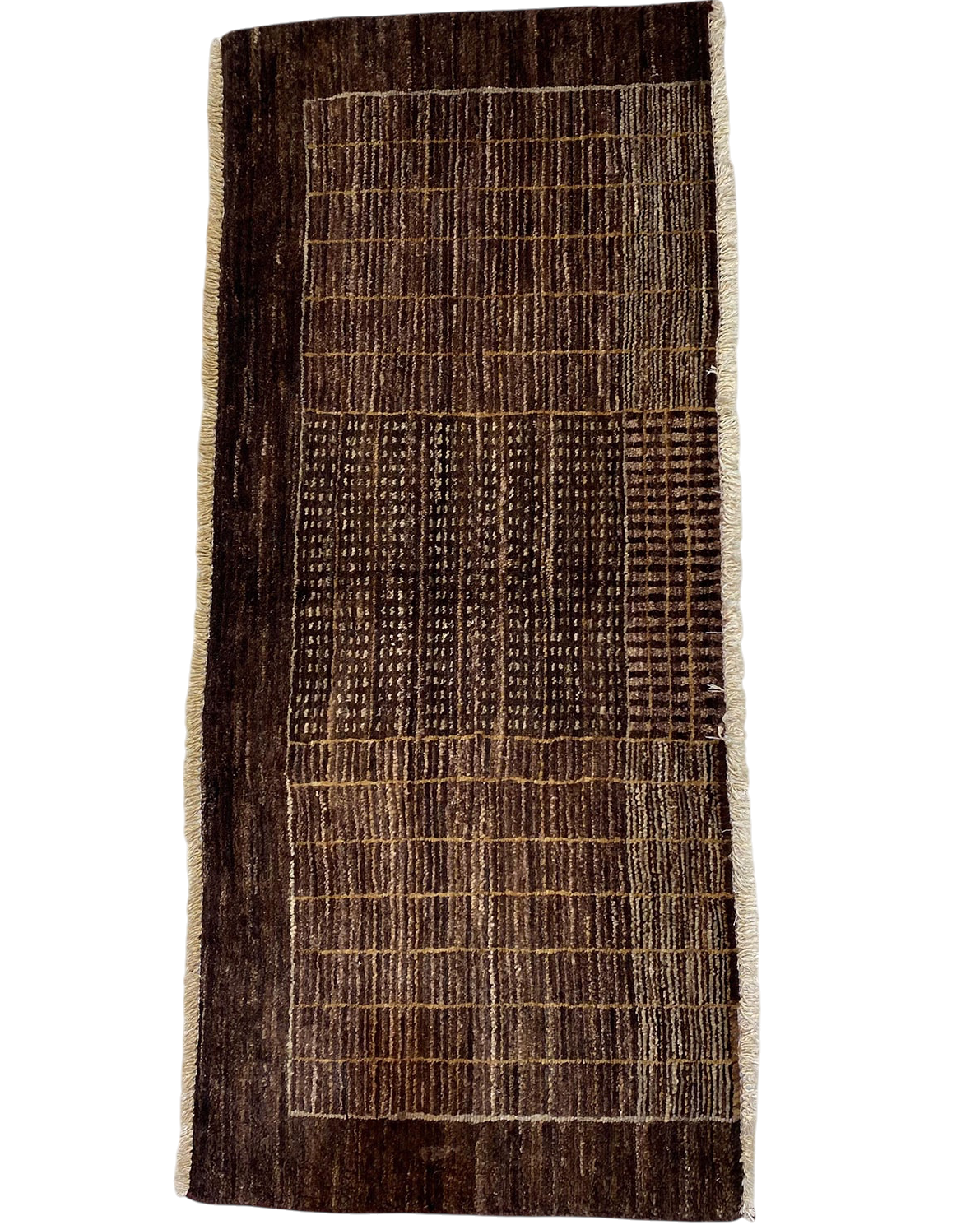 Tappeto persiano Gabbeh usato 122x52 cm in lana marrone con disegno geometrico