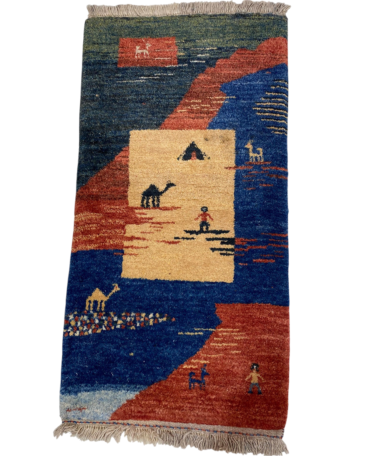 Tappeto persiano Gabbeh usato 135x70 cm in lana con disegno figurativo multicolore