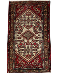 Tappeto Hamedan usato 120x72 cm annodato a mano con disegno geometrico nei toni del rosso e avorio