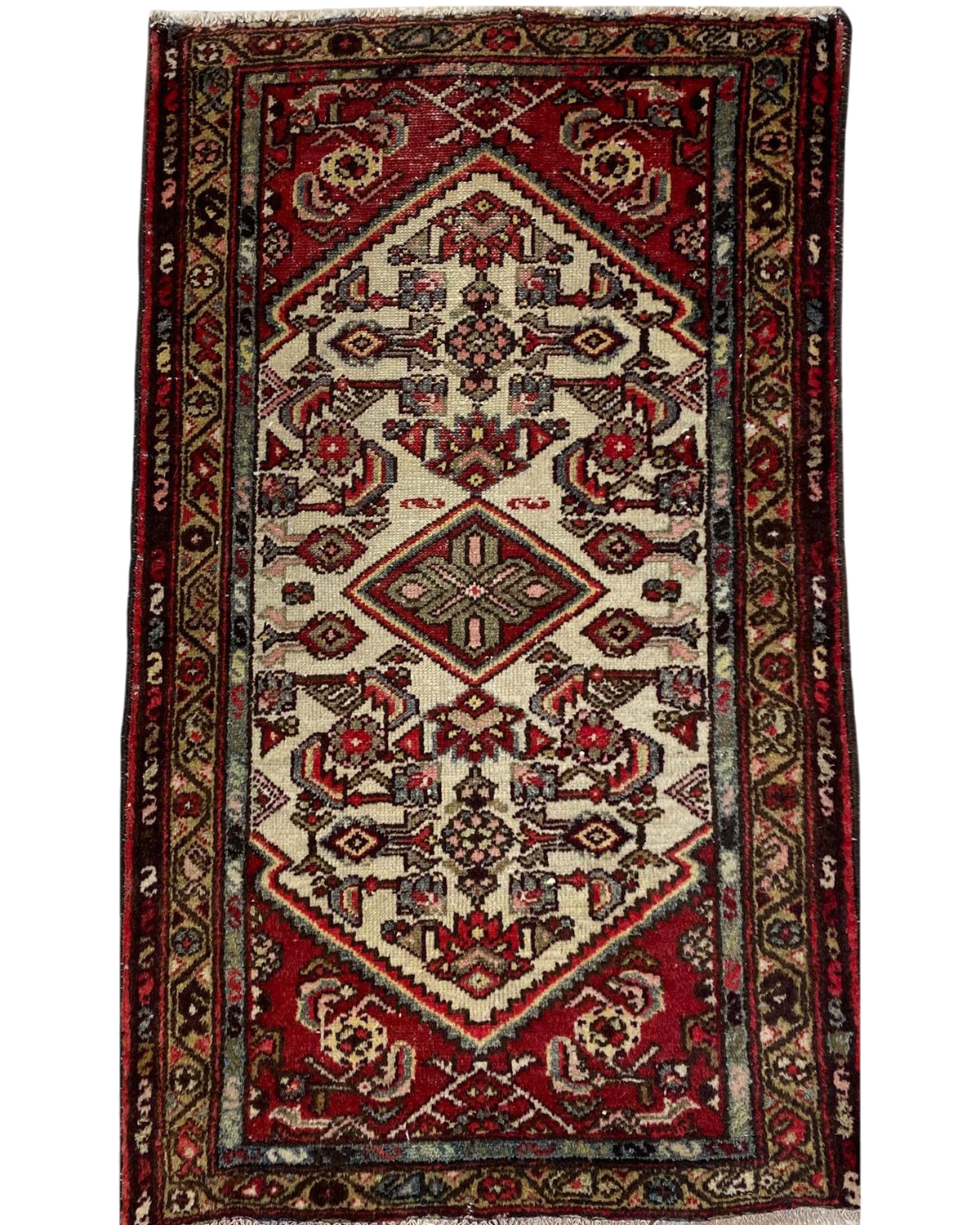 Tappeto Hamedan usato 120x72 cm annodato a mano con disegno geometrico nei toni del rosso e avorio