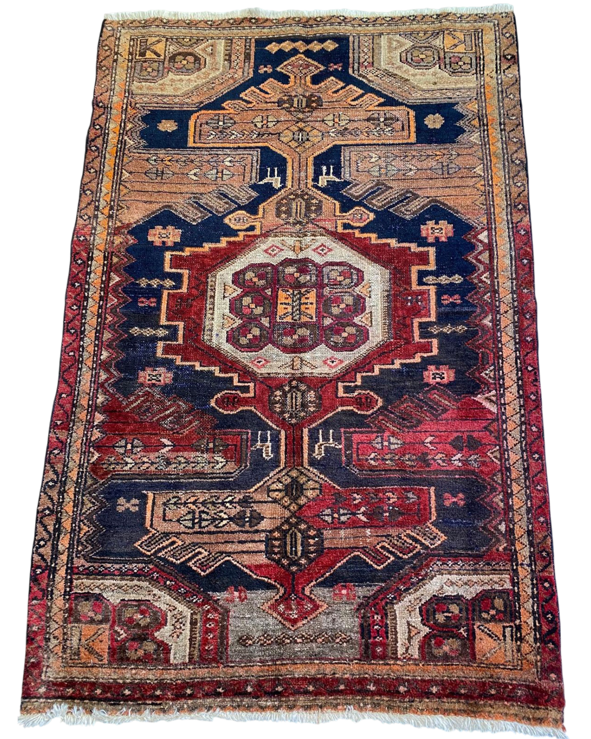 Tappeto persiano Hamedan usato 177x118 cm con medaglione geometrico nei toni del blu e rosso