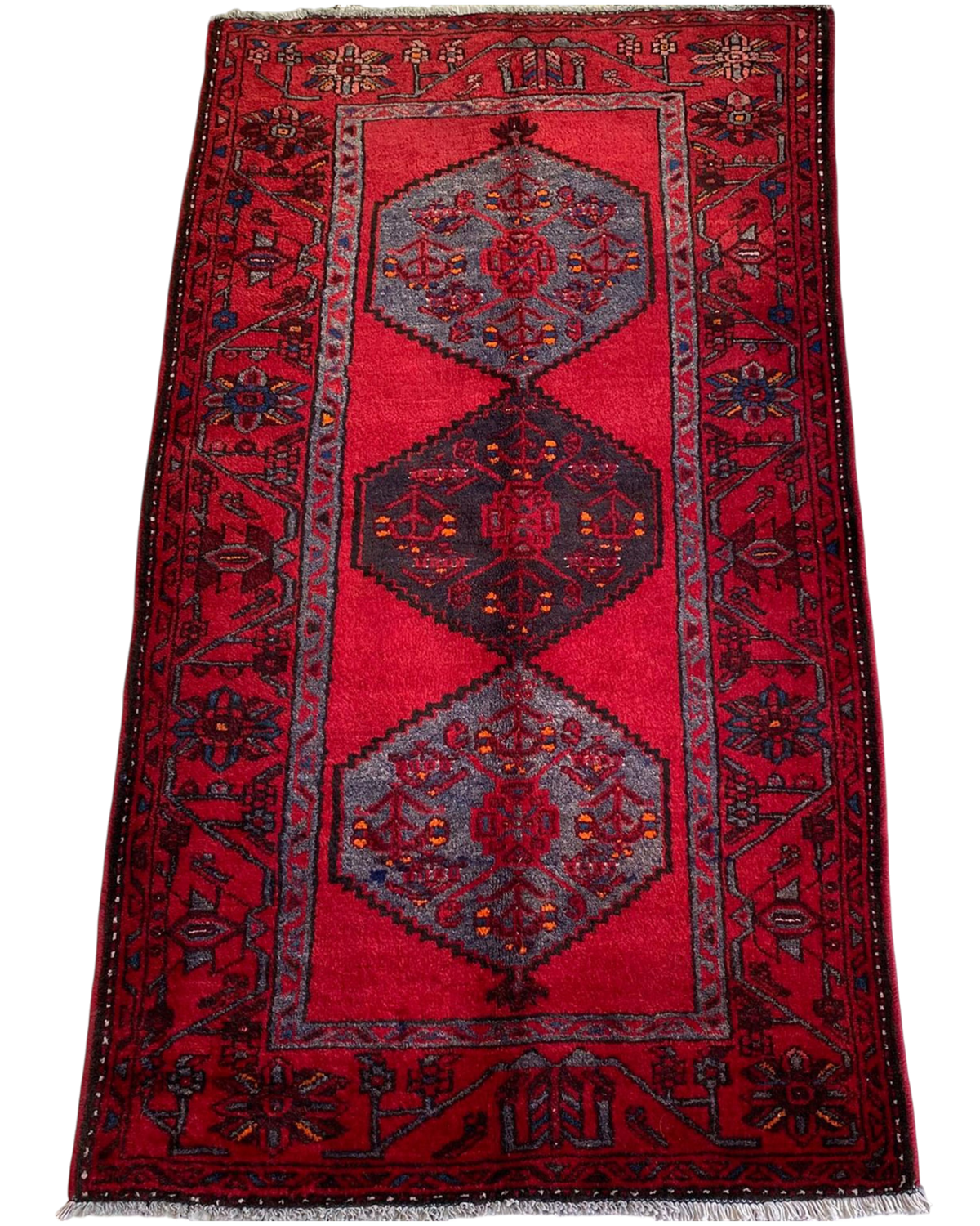 Tappeto persiano Hamedan usato 190x100 cm rosso con tre medaglioni geometrici