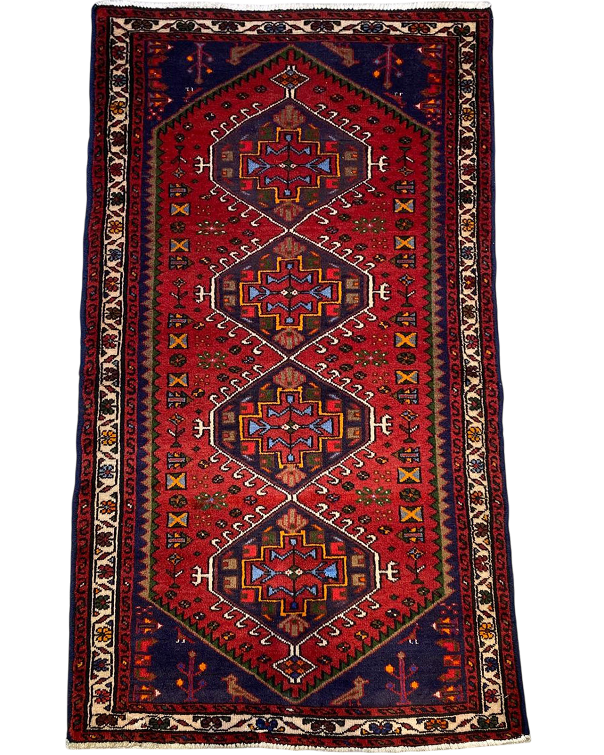Tappeto persiano Hamedan usato 200x100 cm rosso con medaglioni geometrici