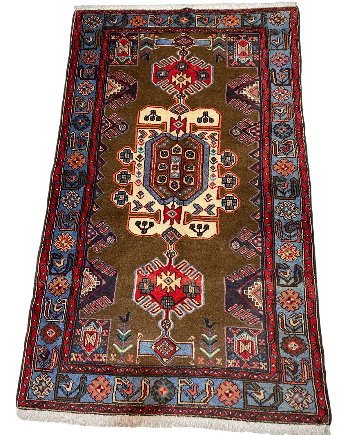 Tappeto persiano Hamedan usato 212x125 cm con disegno geometrico a medaglione su fondo marrone