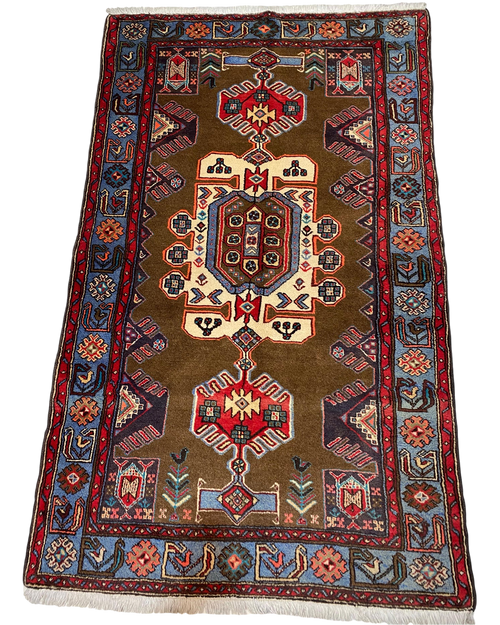 Tappeto persiano Hamedan usato 212x125 cm con disegno geometrico a medaglione su fondo marrone