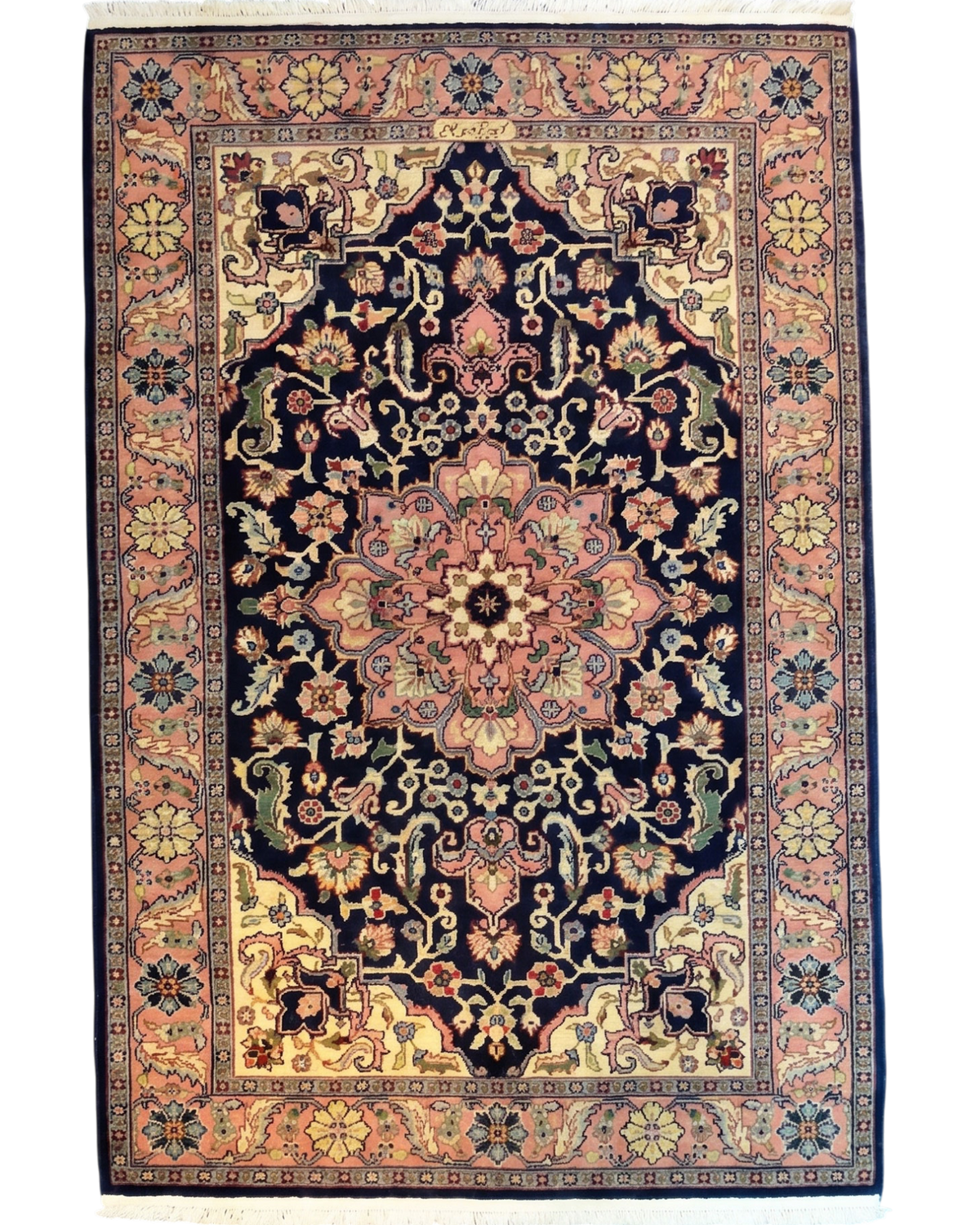 Tappeto Herivan usato 185x122 cm blu e rosa con medaglione centrale e motivi floreali