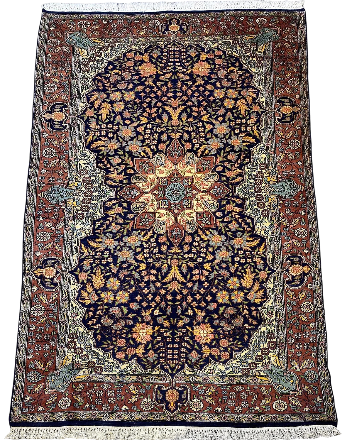 Tappeto Jaipur usato 230x140 cm con medaglione centrale e disegno floreale su fondo blu scuro
