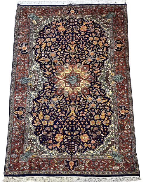 Tappeto Jaipur usato 230x140 cm con medaglione centrale e disegno floreale su fondo blu scuro