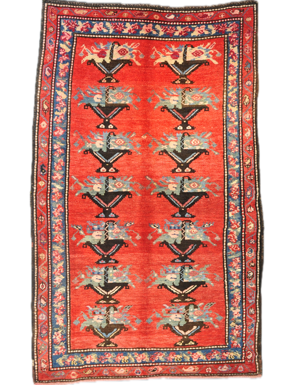 Tappeto Karabakh antico annodato a mano con motivi tribali caucasici su fondo rosso, misura 200x120 cm