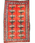 Tappeto Karabakh antico annodato a mano con motivi tribali caucasici su fondo rosso, misura 200x120 cm