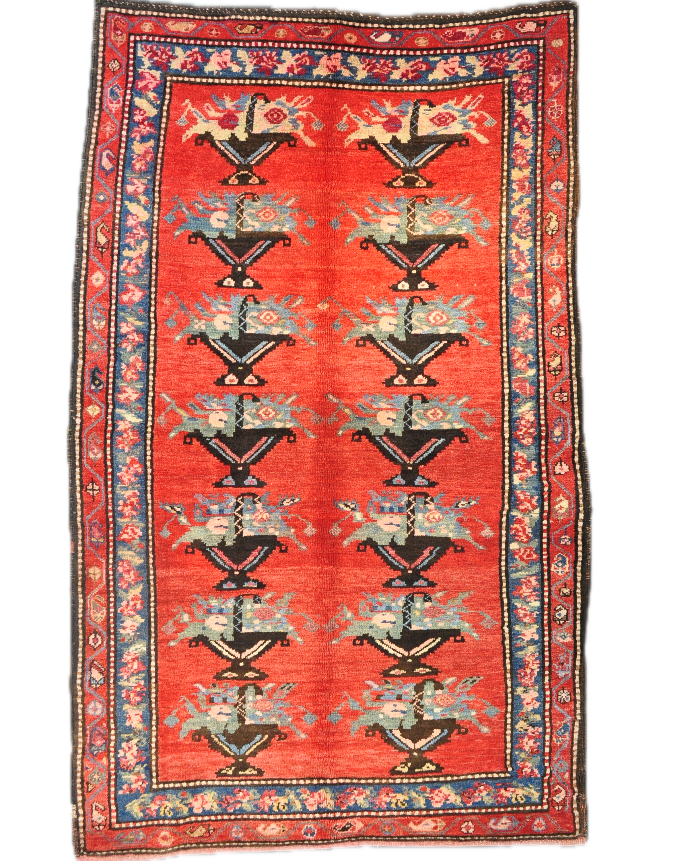 Tappeto Karabakh antico annodato a mano con motivi tribali caucasici su fondo rosso, misura 200x120 cm
