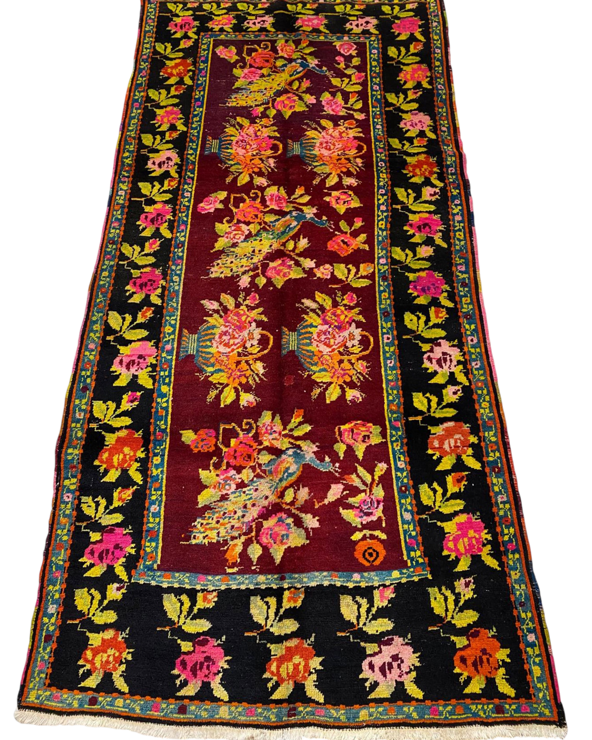 Tappeto Karabakh usato 267x137 cm con disegno floreale, pavoni stilizzati e bordura nera