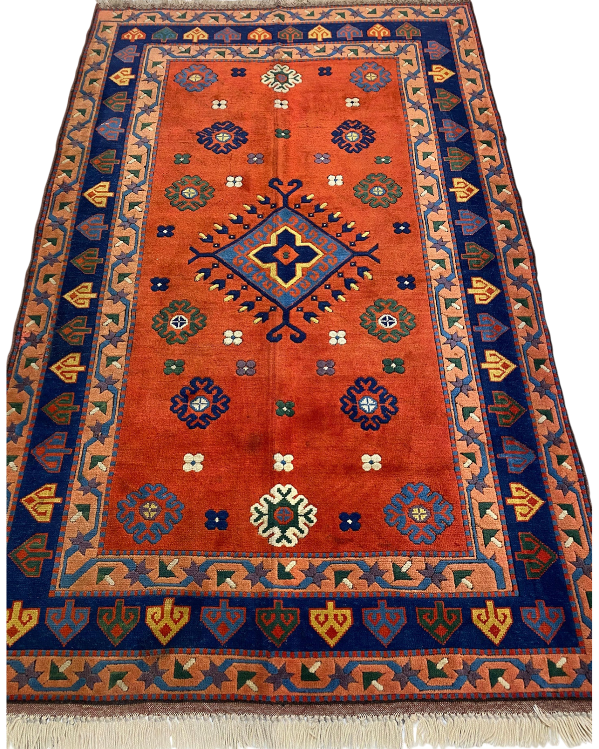 Tappeto Kars usato 240x148 cm annodato a mano con disegno geometrico su fondo rosso