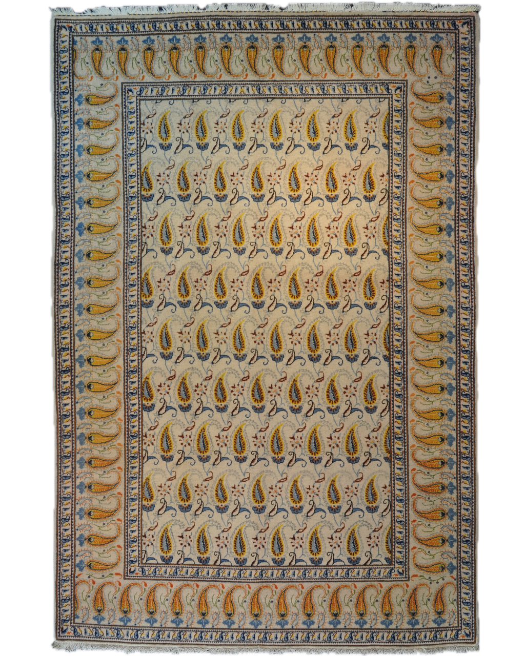 Tappeto Kashan persiano annodato a mano con motivo boteh su fondo avorio e dettagli blu e ocra, misura 205x135 cm