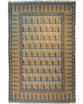 Tappeto Kashan persiano annodato a mano con motivo boteh su fondo avorio e dettagli blu e ocra, misura 205x135 cm