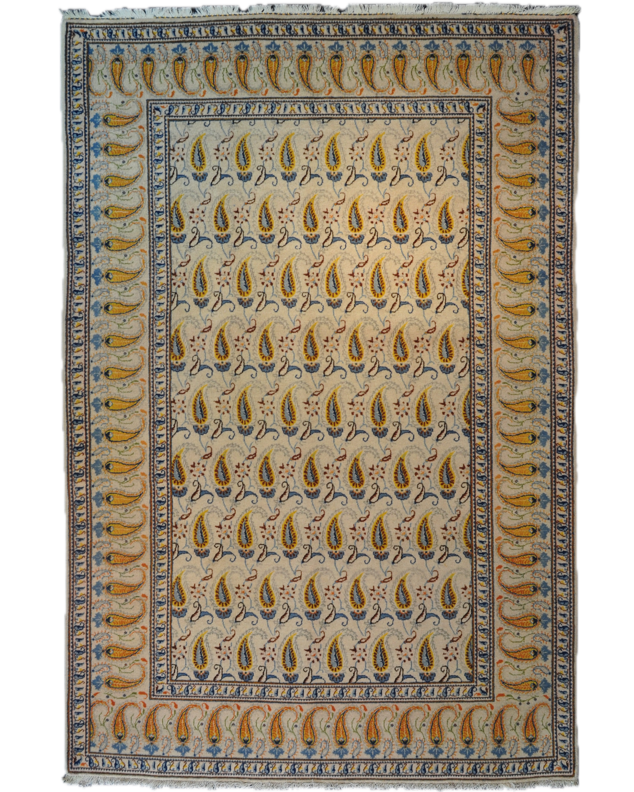 Tappeto Kashan persiano annodato a mano con motivo boteh su fondo avorio e dettagli blu e ocra, misura 205x135 cm