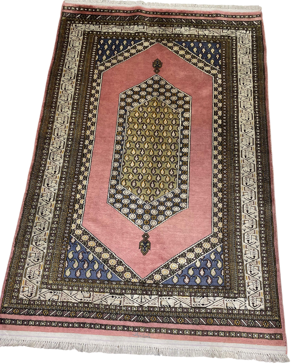 Tappeto Kashmir usato 195x125 cm in misto seta rosa con motivi geometrici