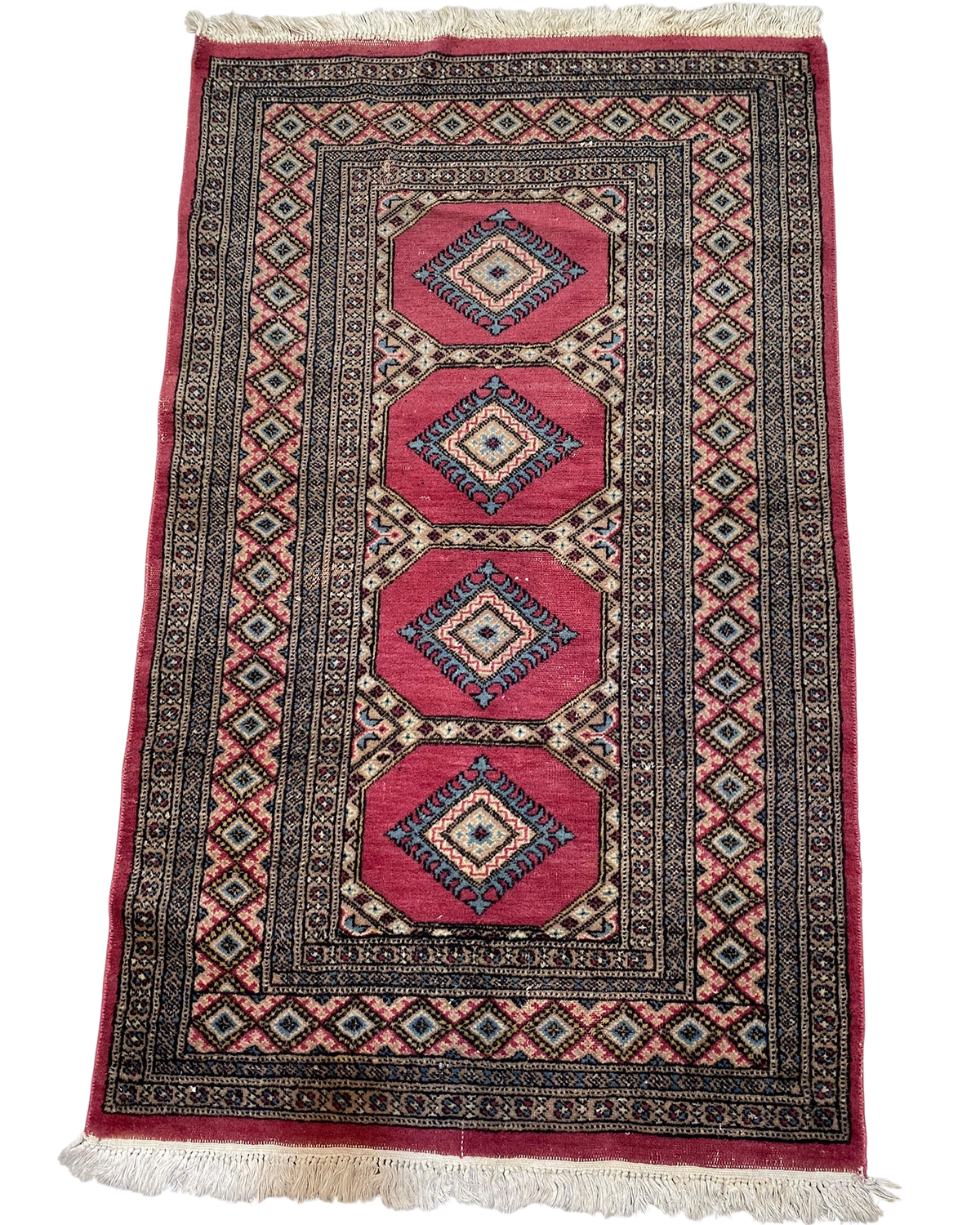 Kashmir pakistano usato 154x96 cm rosso con motivi geometrici e medaglioni