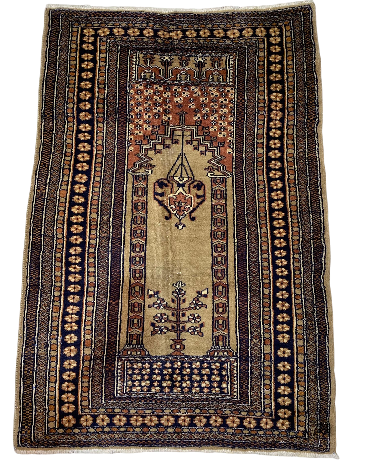 Tappeto Kashmir usato 114x80 cm annodato a mano con disegno a nicchia nei toni marrone e beige