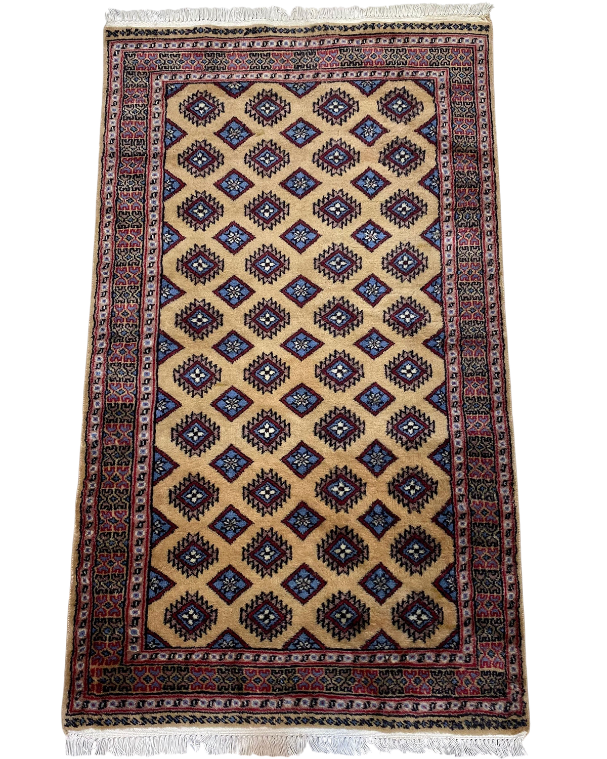 Tappeto Kashmir usato 158x92 cm beige con motivi geometrici blu e rossi