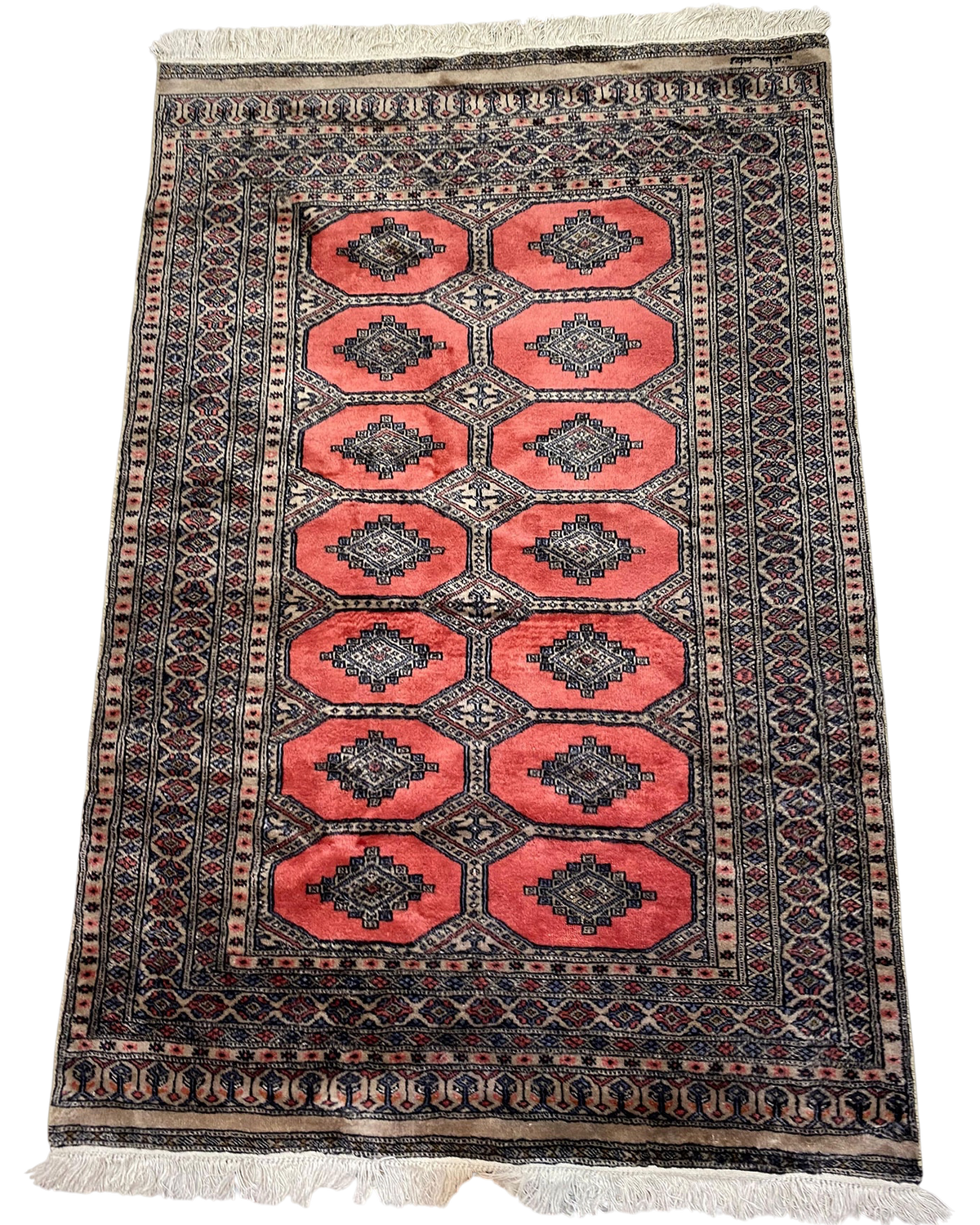 Tappeto Kashmir usato 180x125 cm con disegno geometrico su fondo rosa corallo