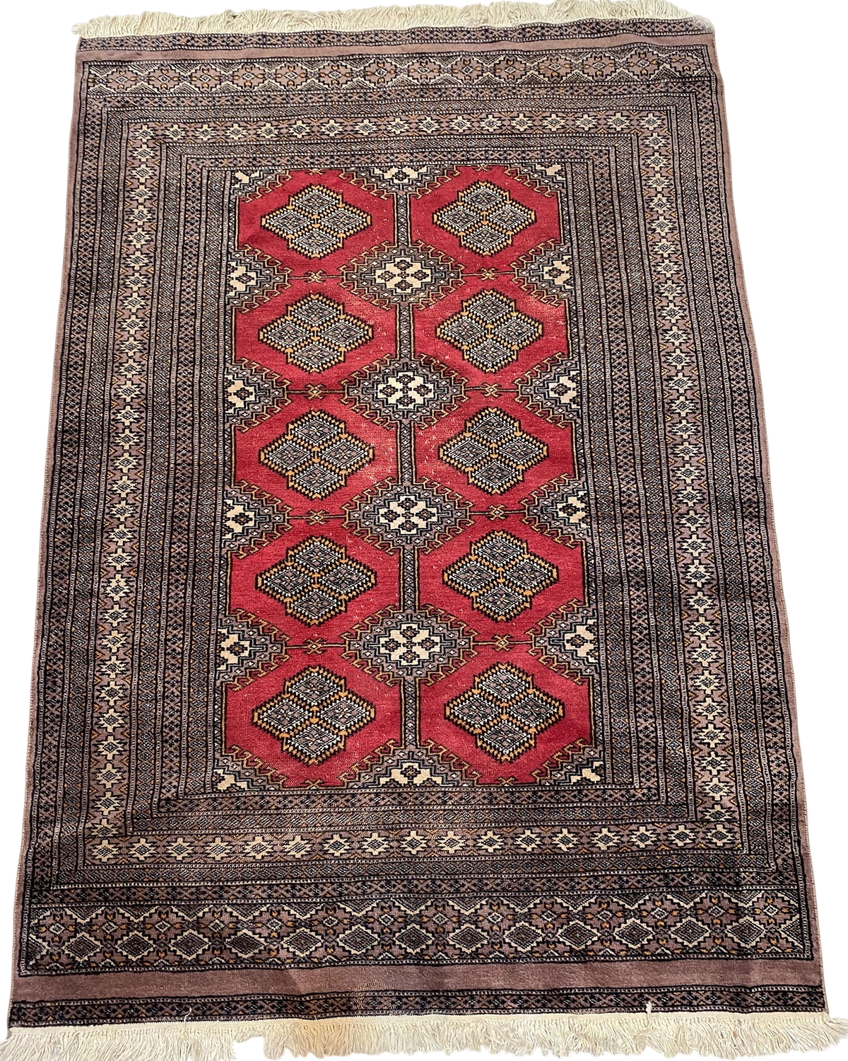 Tappeto Kashmir usato 180x125 cm rosso con motivi geometrici e bordure decorate