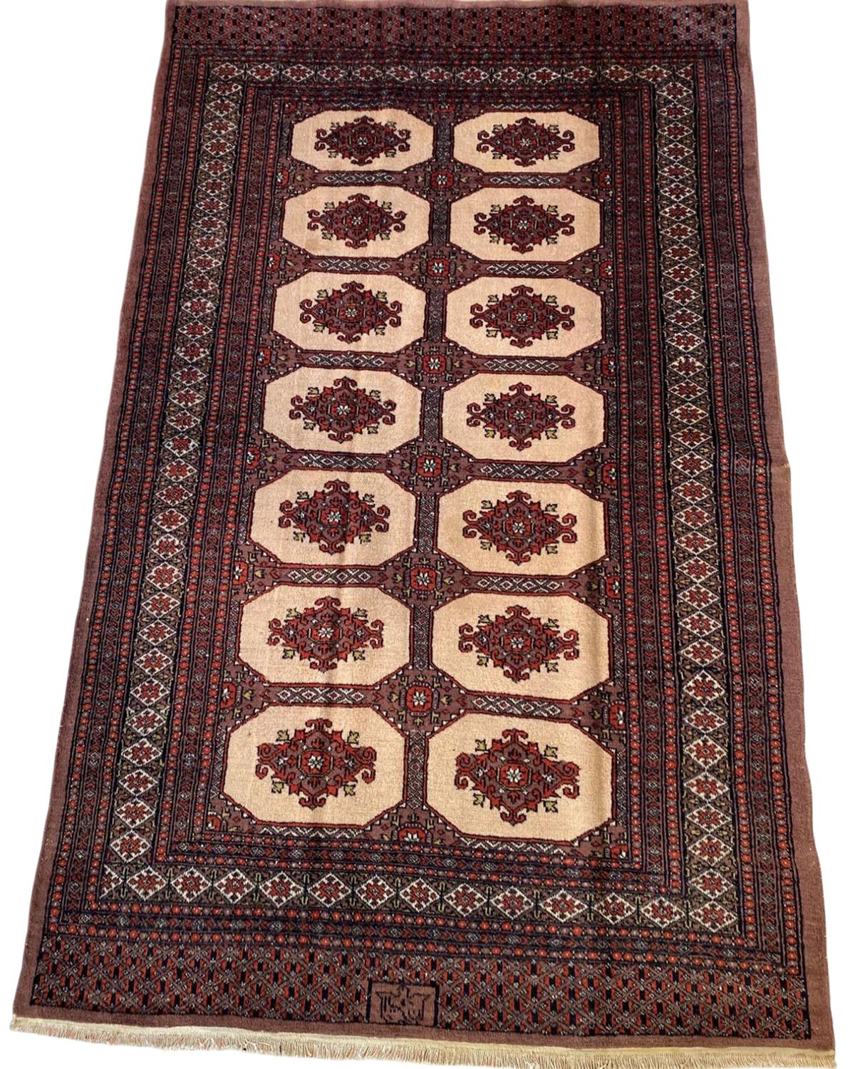 Tappeto Kashmir usato 195x127 cm con medaglioni geometrici avorio su fondo marrone
