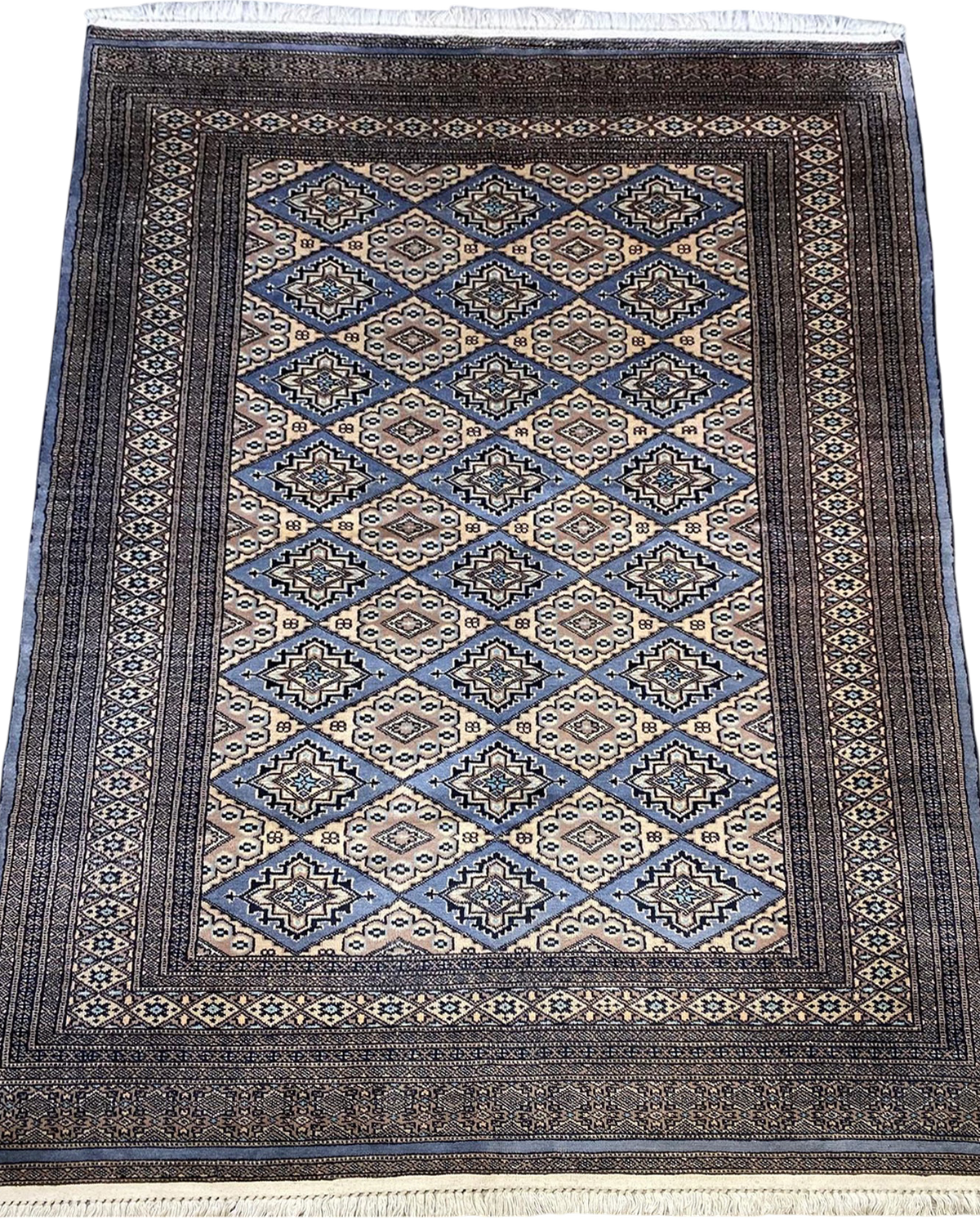 Tappeto Kashmir usato 242x152 cm con disegno geometrico nei toni del blu e beige