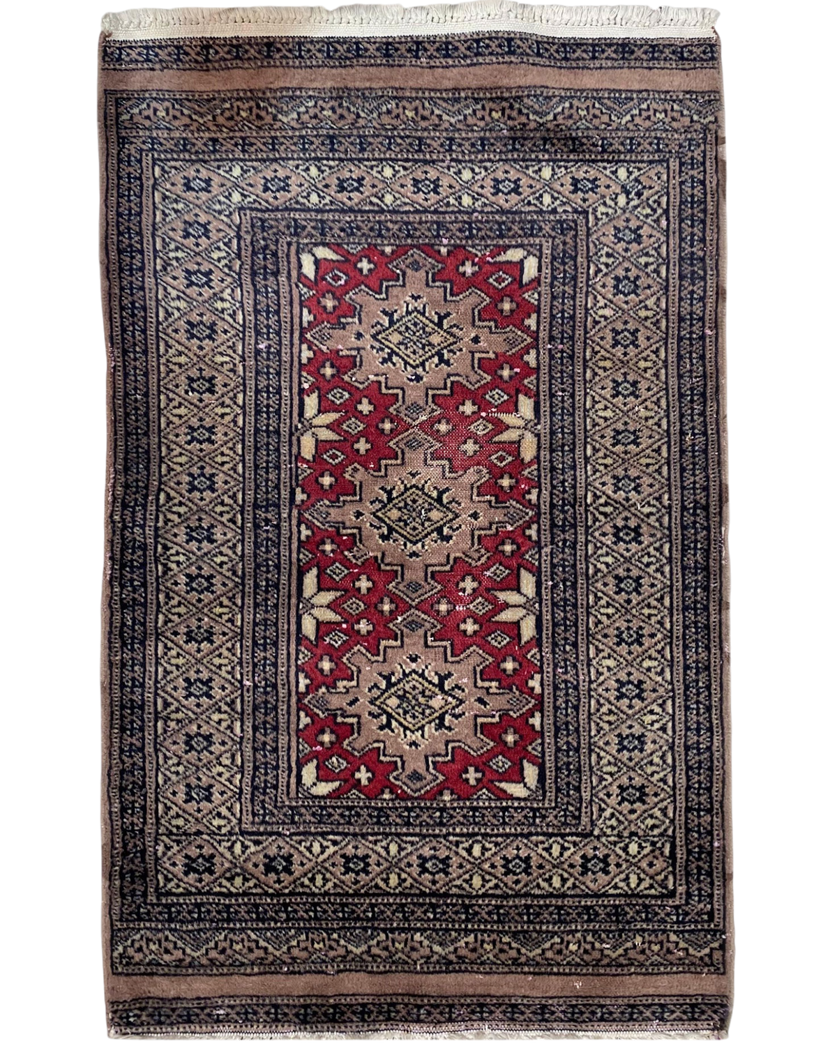 Tappeto Kashmir usato 97x62 cm con motivo geometrico rosso, beige e blu scuro