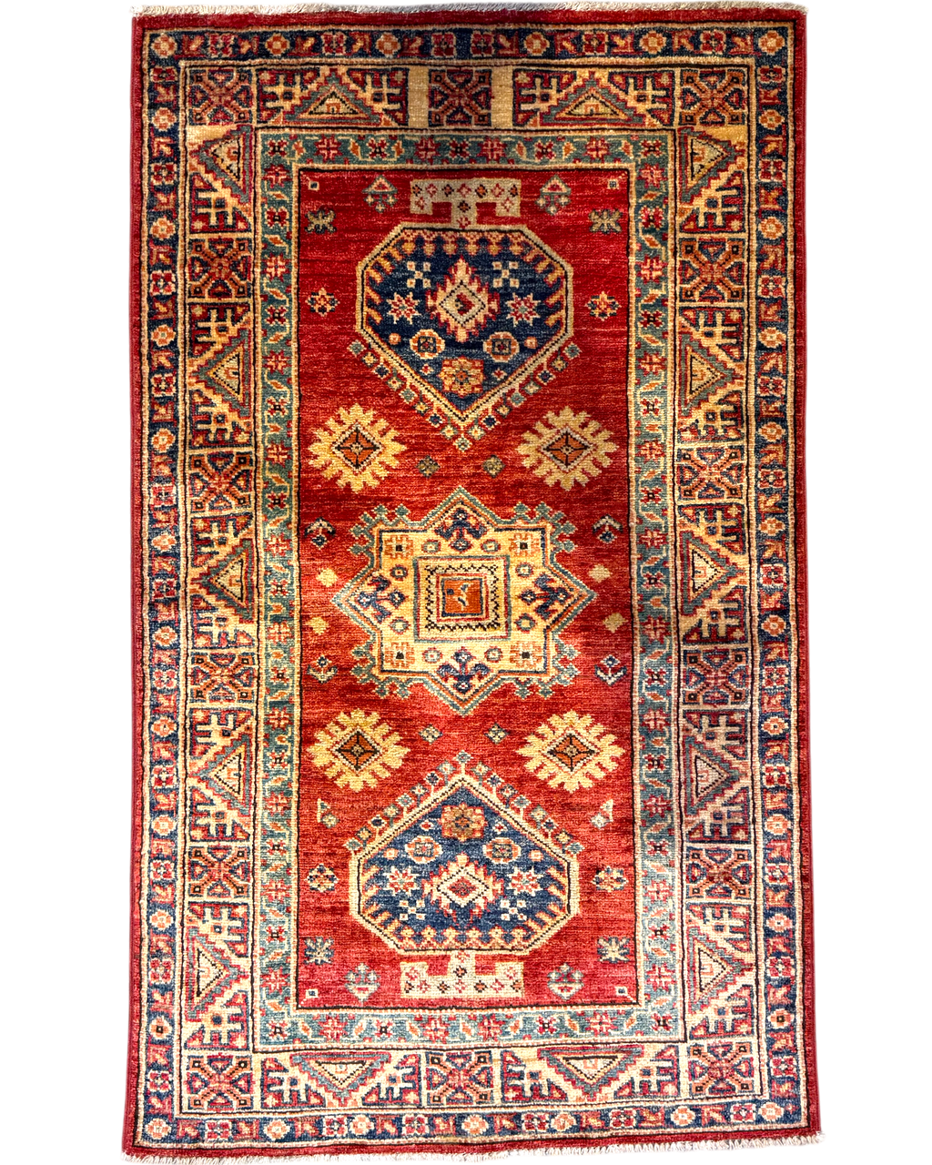 Tappeto Kazak 128x77 cm rosso con medaglioni geometrici