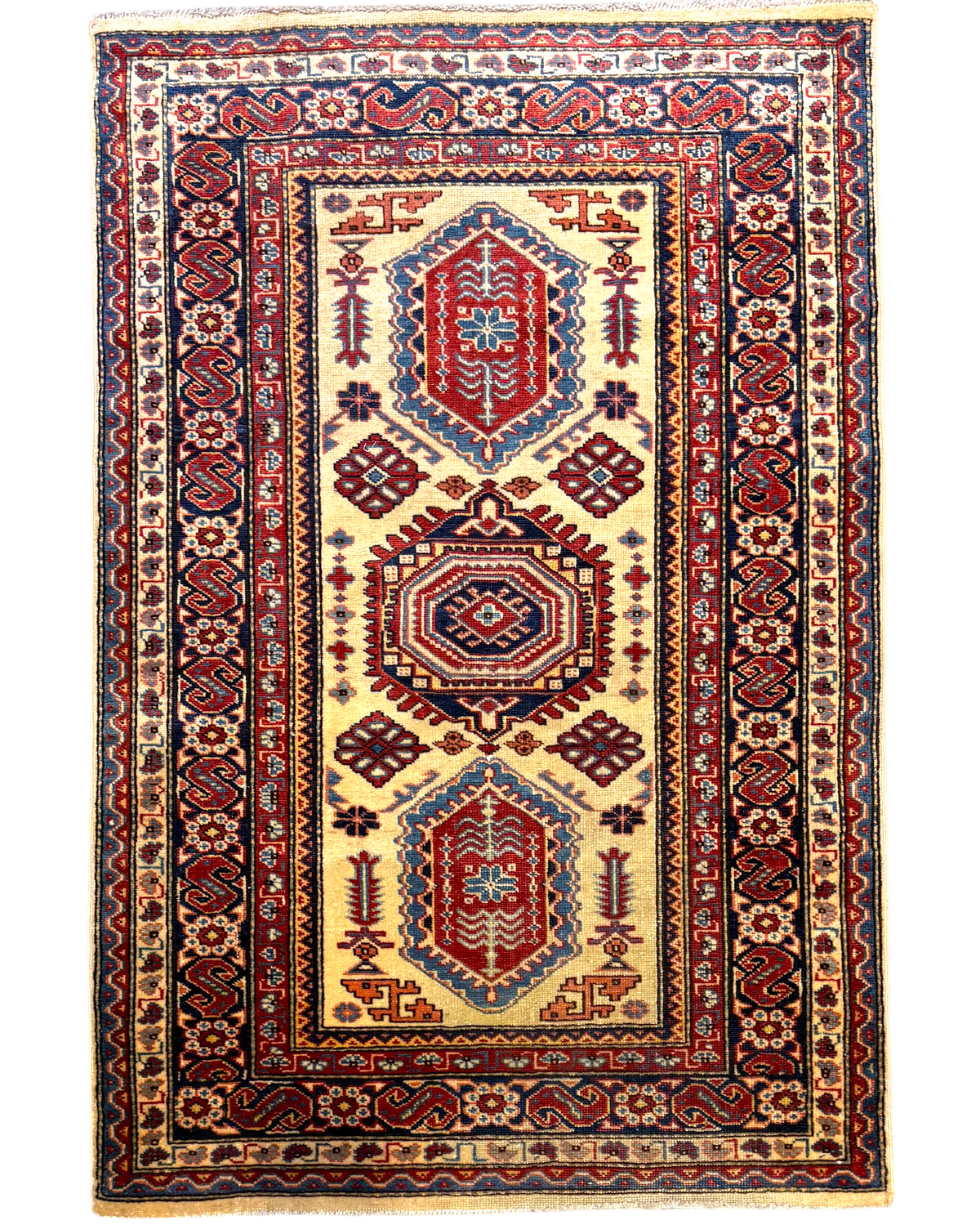 Tappeto Kazak 135x90 cm con medaglioni e motivi geometrici