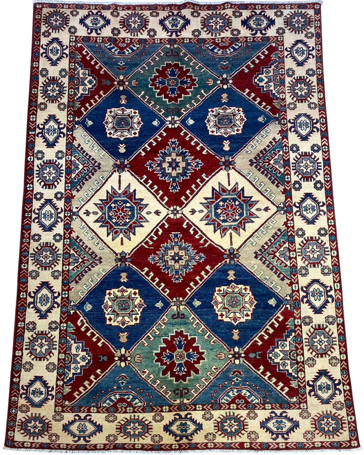 Tappeto Kazak usato 280x172 cm con disegno geometrico multicolore