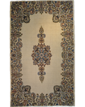 Tappeto persiano Kerman annodato a mano con fondo avorio, medaglione floreale centrale e bordura decorata, misura 244x150 cm