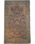 Tappeto Kerman annodato a mano con raffinato disegno floreale e motivi naturalistici nei toni del blu e avorio, misura 245x150 cm