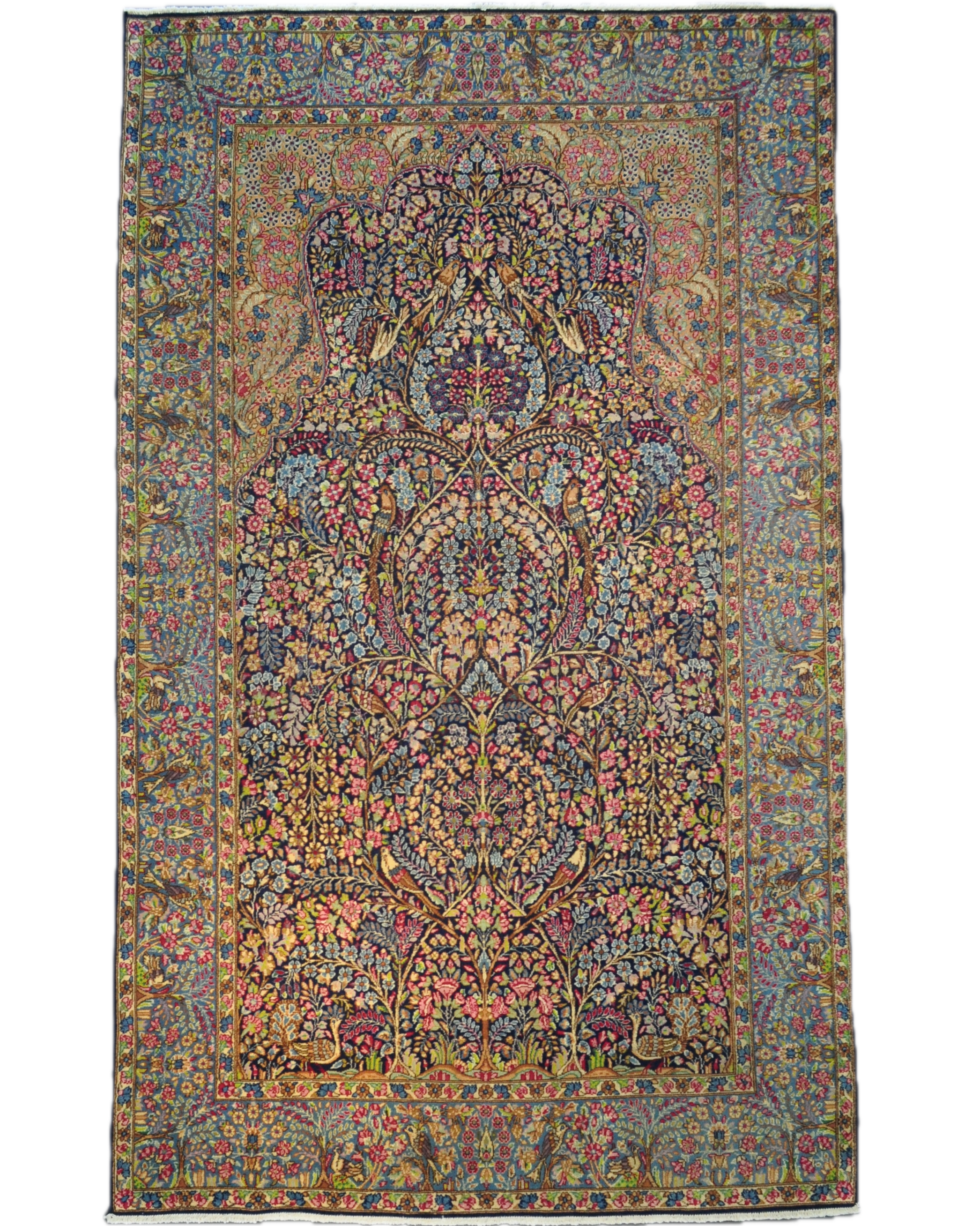 Tappeto Kerman annodato a mano con raffinato disegno floreale e motivi naturalistici nei toni del blu e avorio, misura 245x150 cm