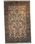 Tappeto persiano Kerman annodato a mano con albero della vita e ricchi motivi floreali nei toni dell'avorio, blu e rosa, misura 245x150 cm