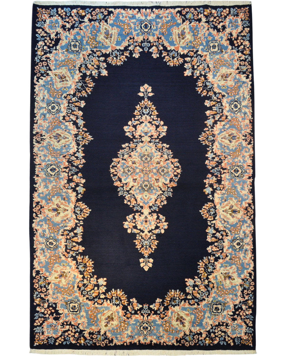Tappeto Kerman Imperiale persiano usato 240x160 cm blu scuro con medaglione centrale e decorazione floreale