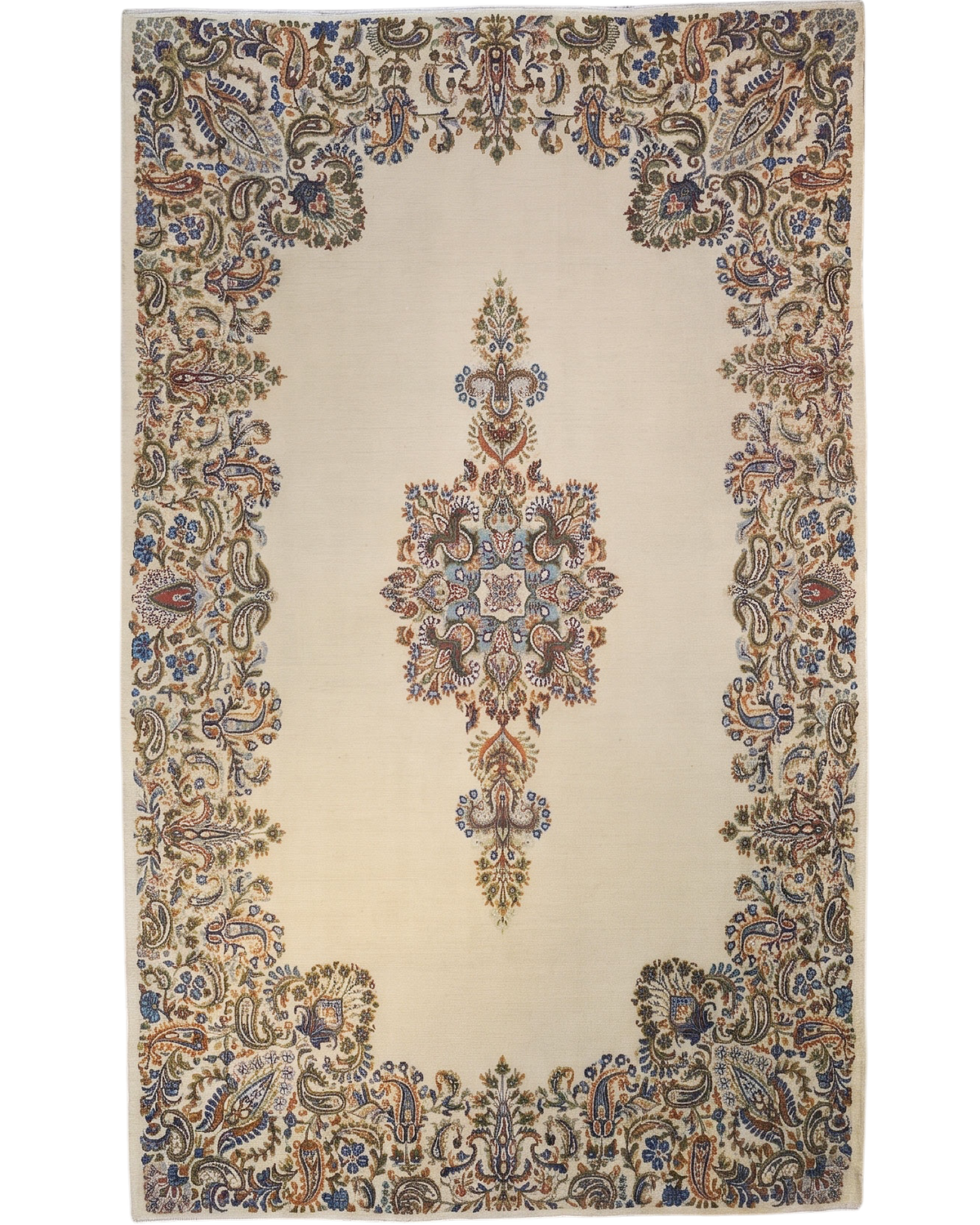 Tappeto persiano Kerman Imperiale usato 244x150 cm avorio con medaglione e motivi floreali