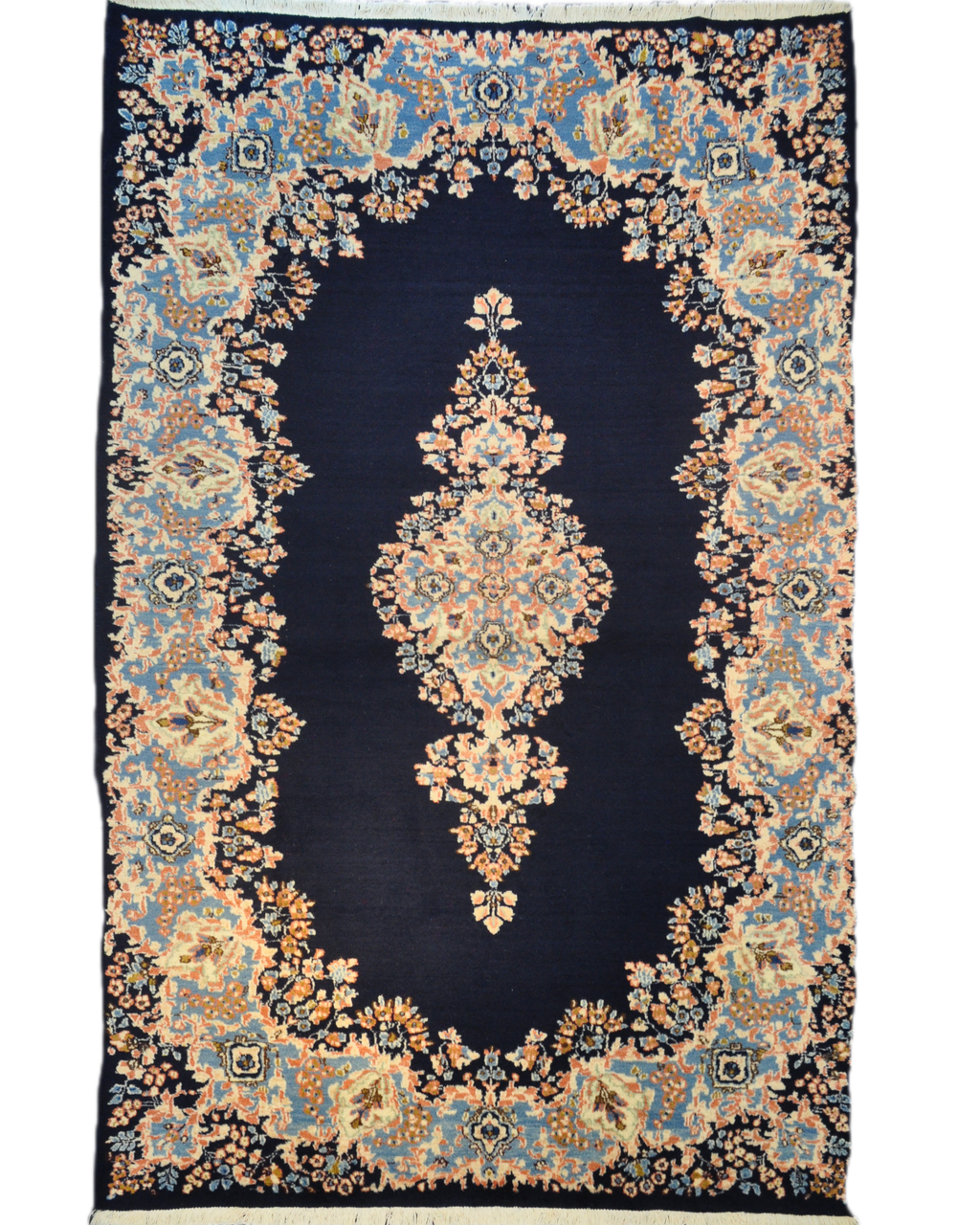 Tappeto persiano Kerman annodato a mano con fondo blu notte e raffinati motivi floreali, misura 240x160 cm