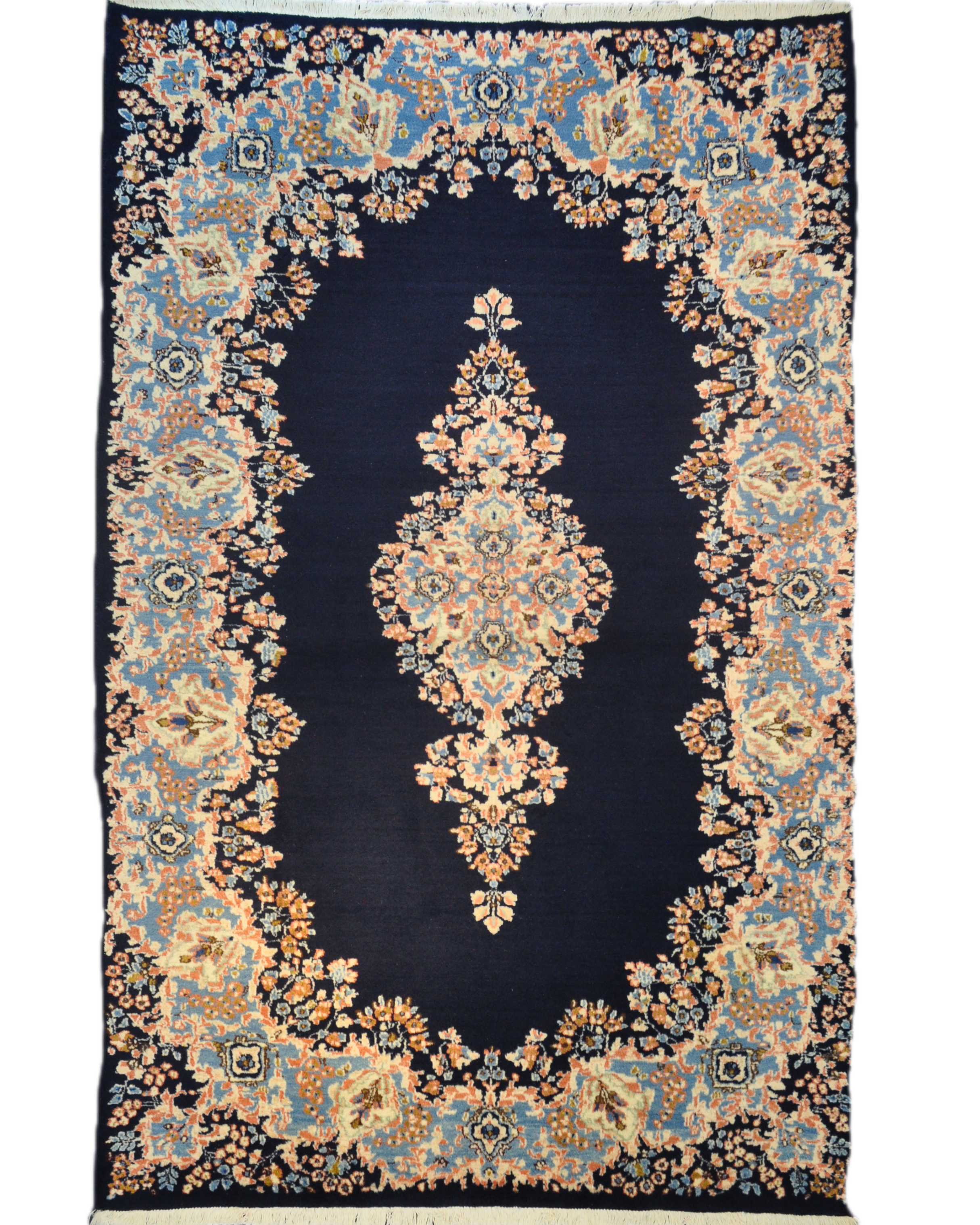 Tappeto persiano Kerman annodato a mano con fondo blu notte e raffinati motivi floreali, misura 240x160 cm