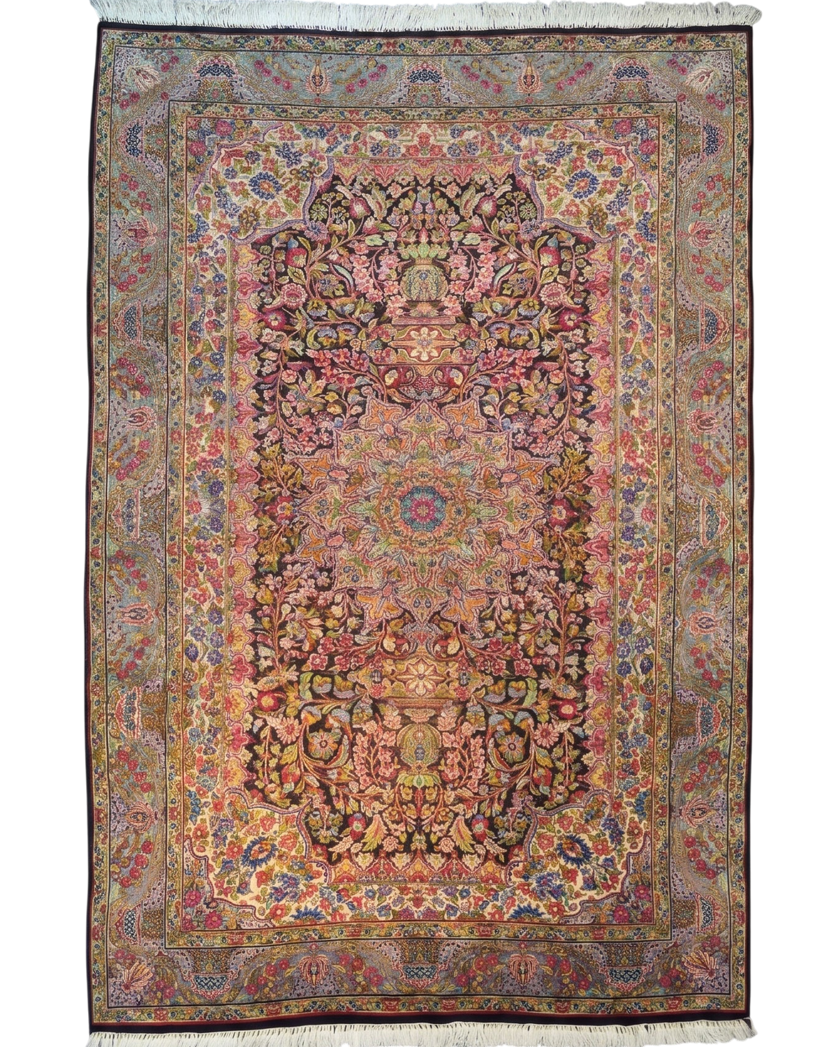Tappeto Kerman persiano usato 228x151 cm con medaglione centrale e ricchi motivi floreali multicolore