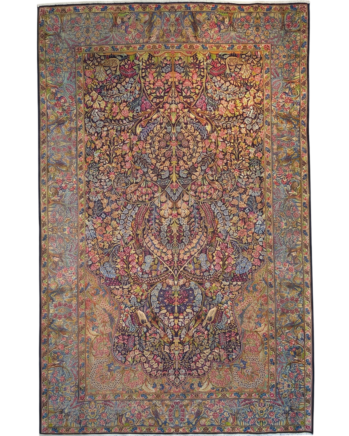Tappeto persiano Kerman usato 245x150 cm con ricca decorazione floreale multicolore