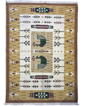 Tappeto Kilim 195x137 cm con motivi geometrici ocra, marrone e avorio