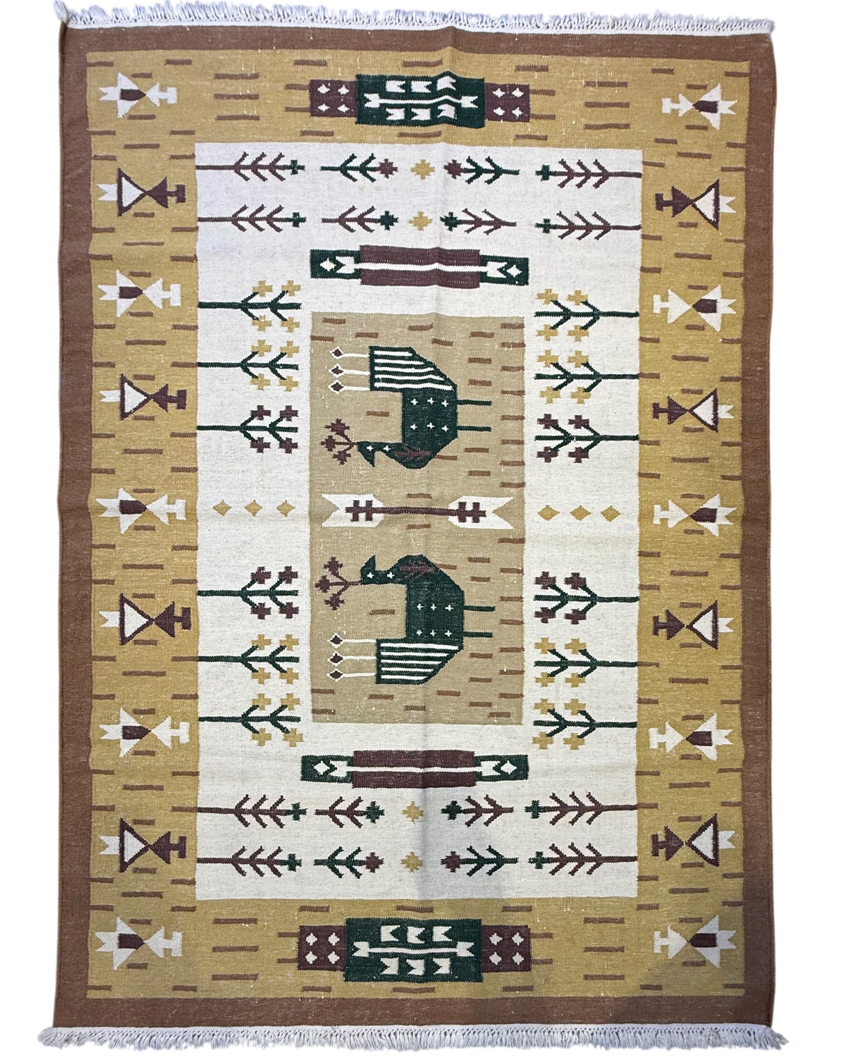 Tappeto Kilim 195x137 cm con motivi geometrici ocra, marrone e avorio