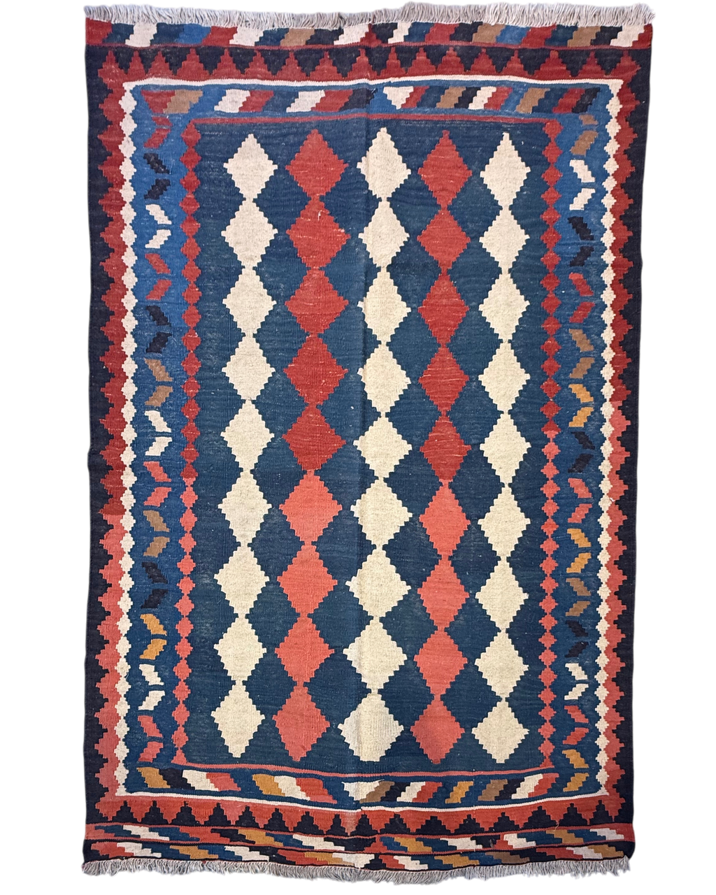 Tappeto Kilim Persiano 223x150 cm con motivi geometrici blu e terracotta