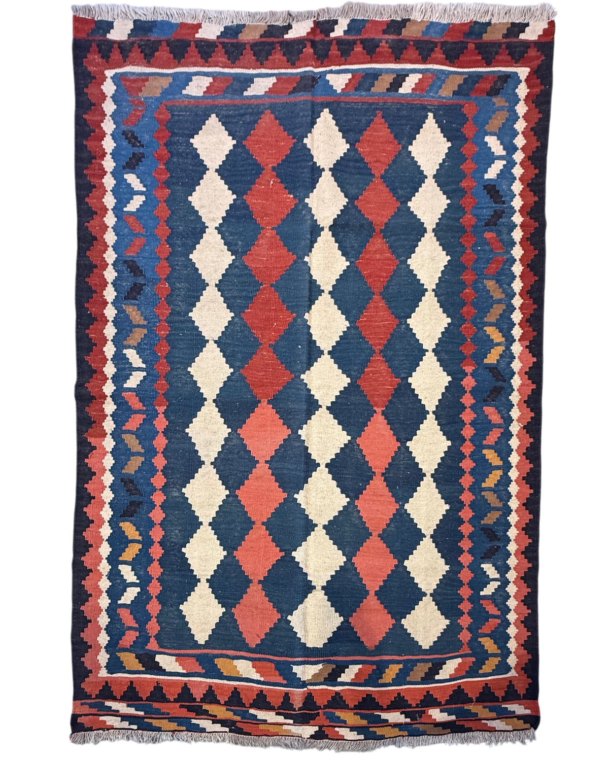 Tappeto Kilim Persiano 223x150 cm con motivi geometrici blu e terracotta