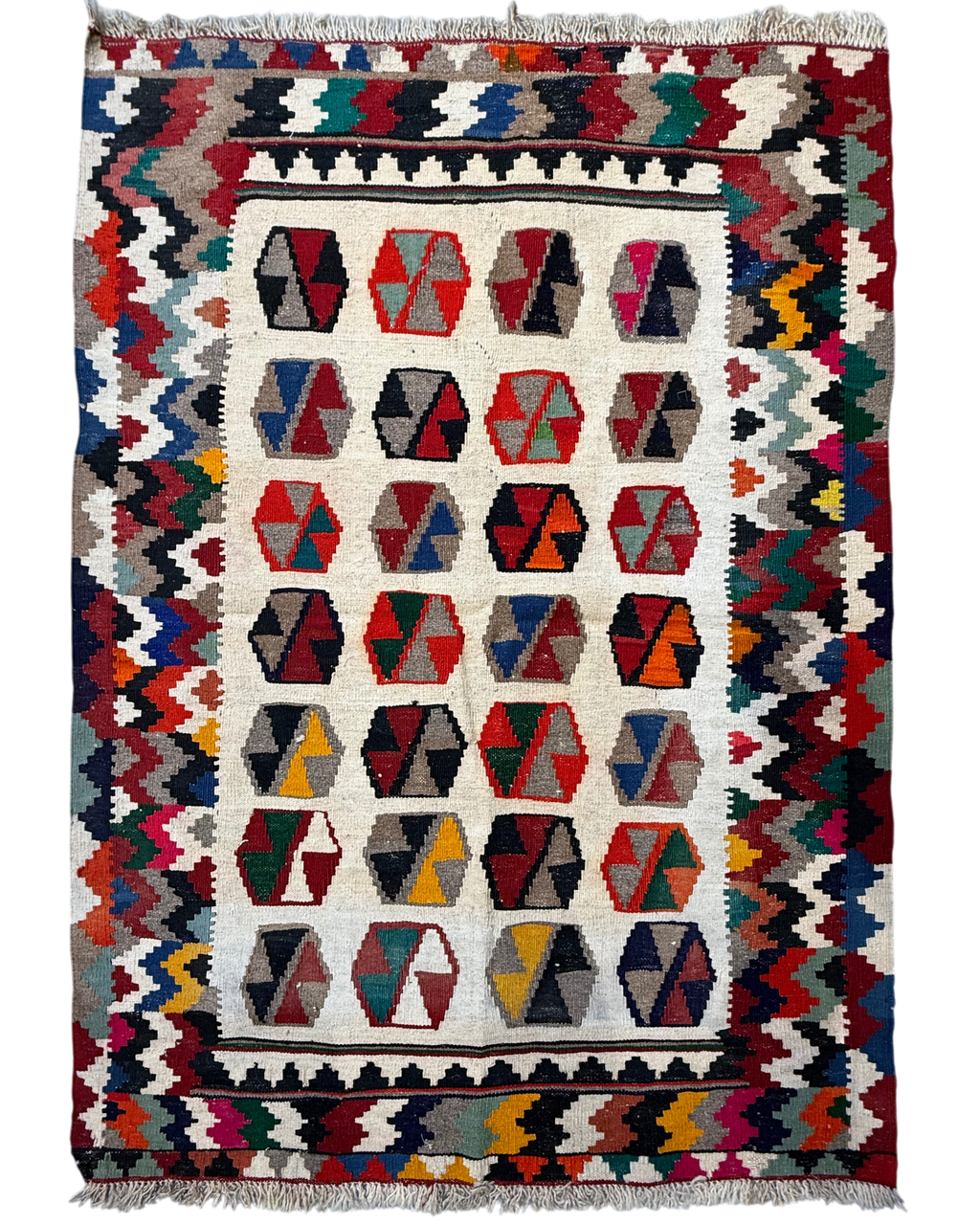 Tappeto Kilim Persiano 142x103 cm con motivi geometrici rossi e blu scuro