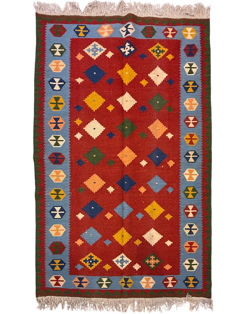 Tappeto Kilim Persiano 180x113 cm azzurro con motivi geometrici multicolore